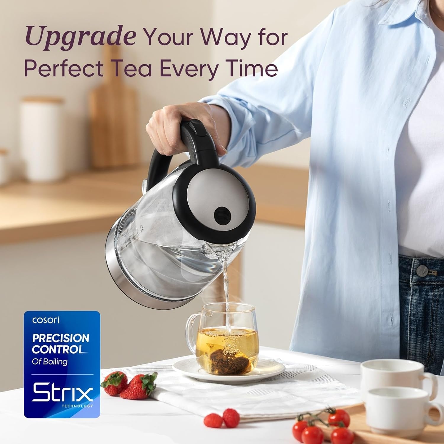 Electric Kettle, No Plastic Filter & Spout, 1.8Qt Tea Kettle & Hot Water Boiler for Coffee & Tea, Water Heater & Teapot, Automatic Shut Off, Borosilicate Glass, Black, 1500W