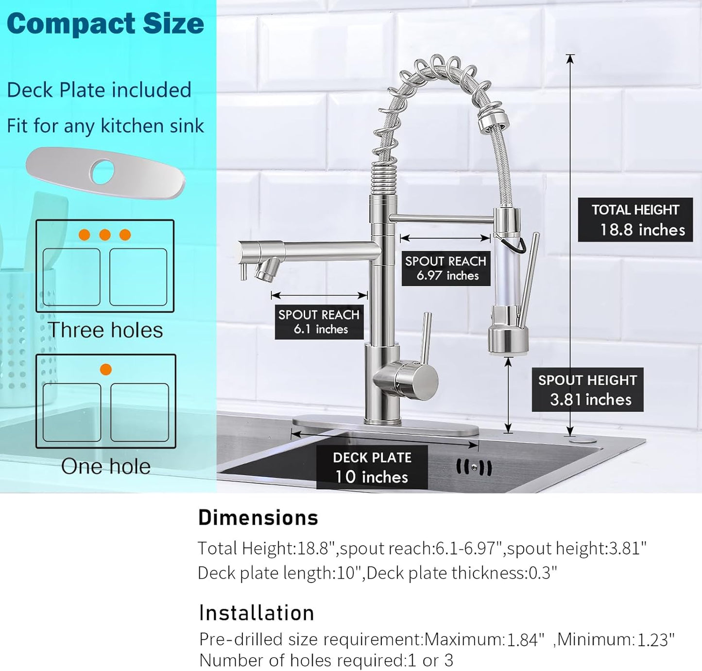 Kitchen Faucets with Pull down Sprayer Brushed Nickel -【LED Light Dual Ends】 Single Handle 1 or 3 Holes Spring Kitchen Sink Faucet with Deck Plate for Farmhouse RV Vessel Basin