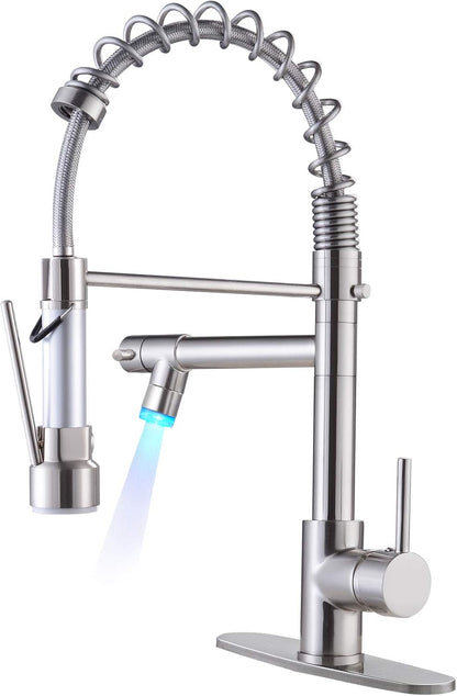 Kitchen Faucets with Pull down Sprayer Brushed Nickel -【LED Light Dual Ends】 Single Handle 1 or 3 Holes Spring Kitchen Sink Faucet with Deck Plate for Farmhouse RV Vessel Basin