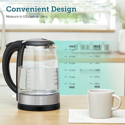Electric Kettle, No Plastic Filter & Spout, 1.8Qt Tea Kettle & Hot Water Boiler for Coffee & Tea, Water Heater & Teapot, Automatic Shut Off, Borosilicate Glass, Black, 1500W